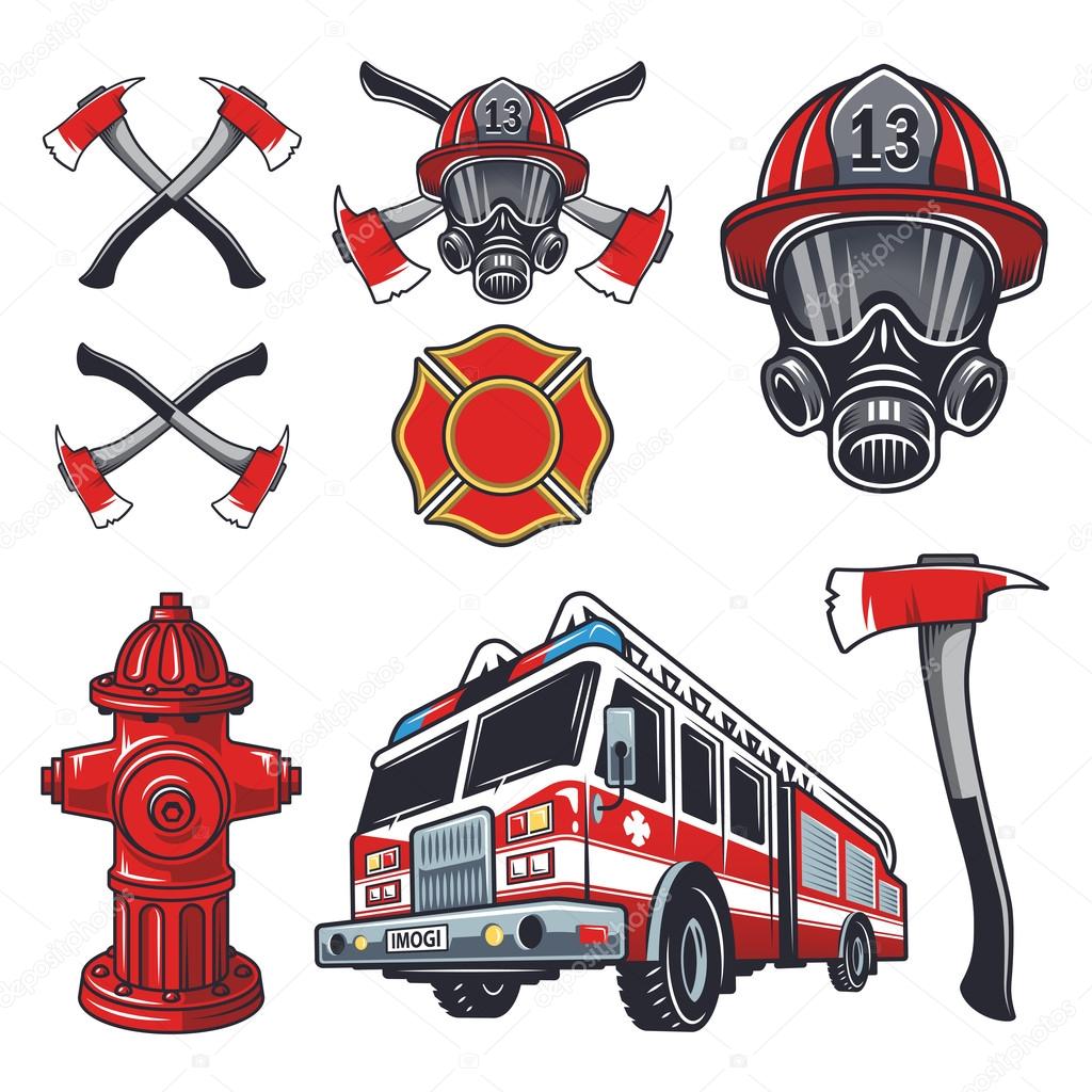 Set of designed firefighter elements. Coloured