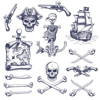 Set of vintage hand drawn pirates designed elements clipart