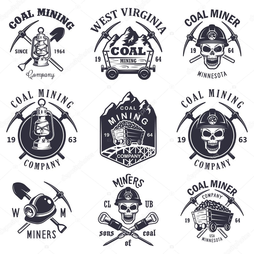 Set of vintage coal mining emblems, labels, badges, logos. Monochrome style