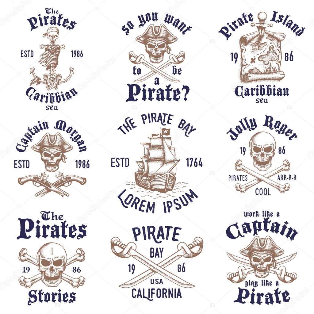 Set of vintage hand drawn pirates designed emblems, labels, logos 