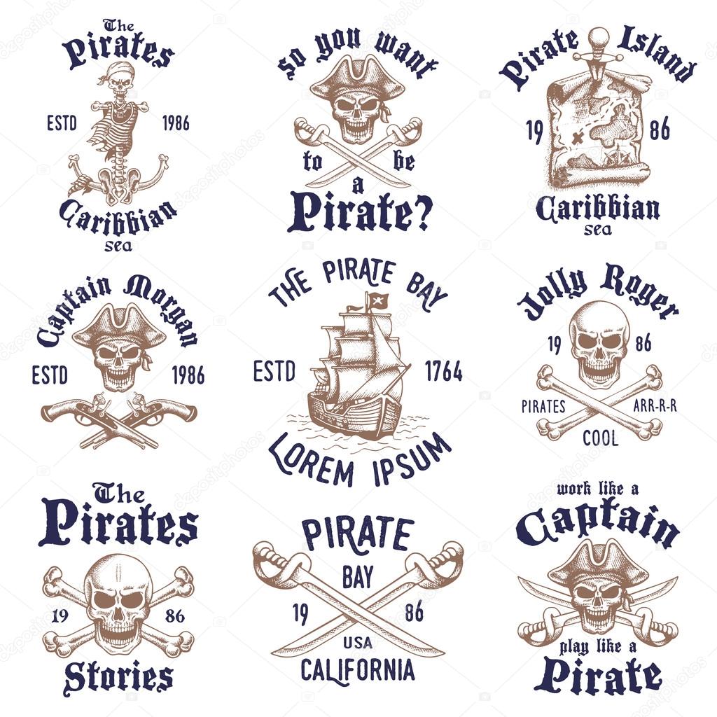 Set of vintage hand drawn pirates designed emblems, labels, logos and designed elements. Isolated with a skretched background. Doodle style. Proverbs. Layered