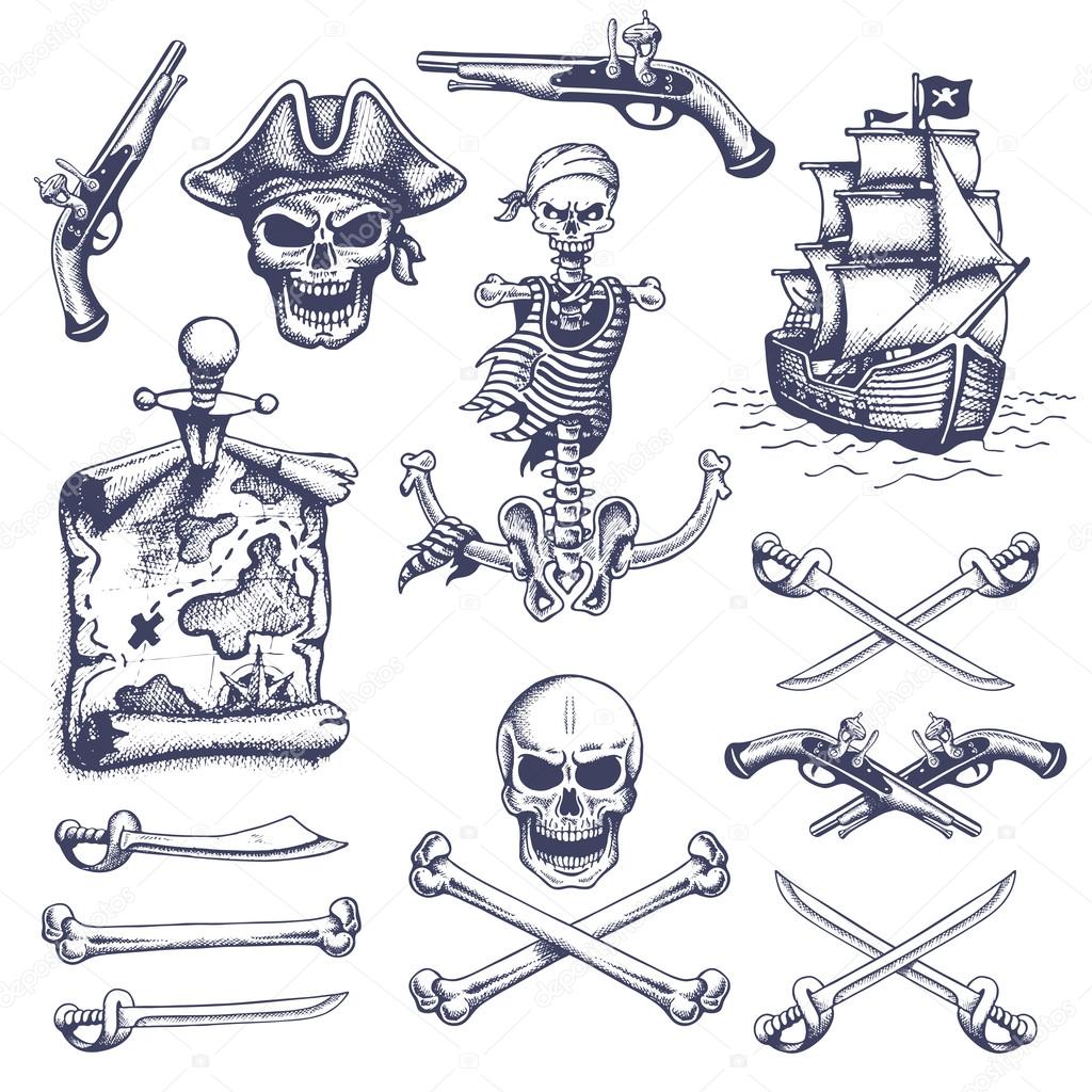 Set of vintage hand drawn pirates designed elements