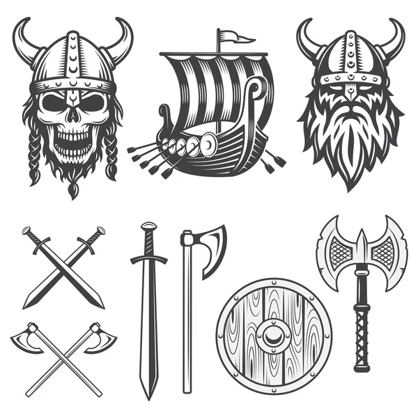 Set monochroom viking elementen — Stockvector