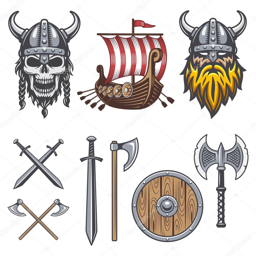 Set of colored viking elements isolated on white background