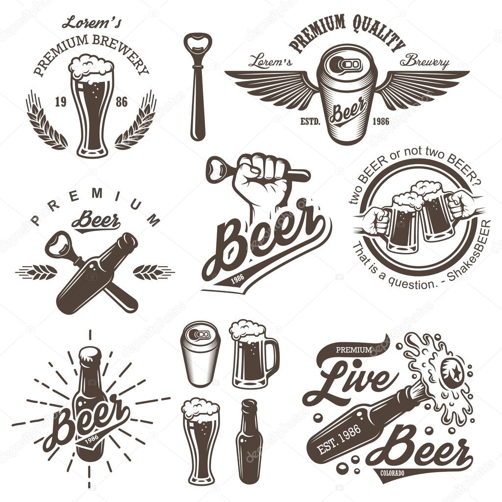 Set of vintage beer brewery emblems, labels, logos, badges and designed elements. Monochrome style. Isolated on white background