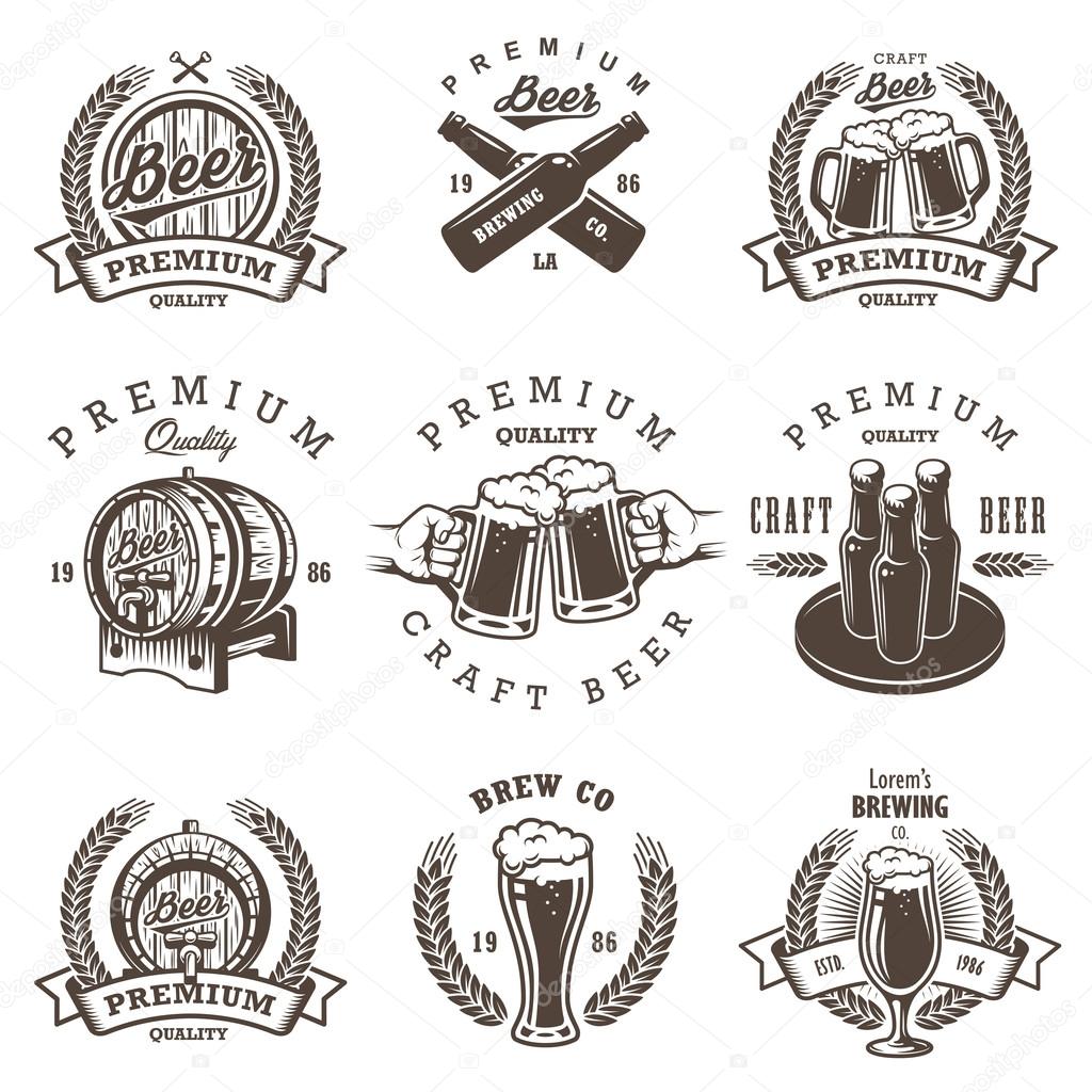 Set of vintage beer brewery emblems, labels, logos, badges and designed elements. Monochrome style. Isolated on white background