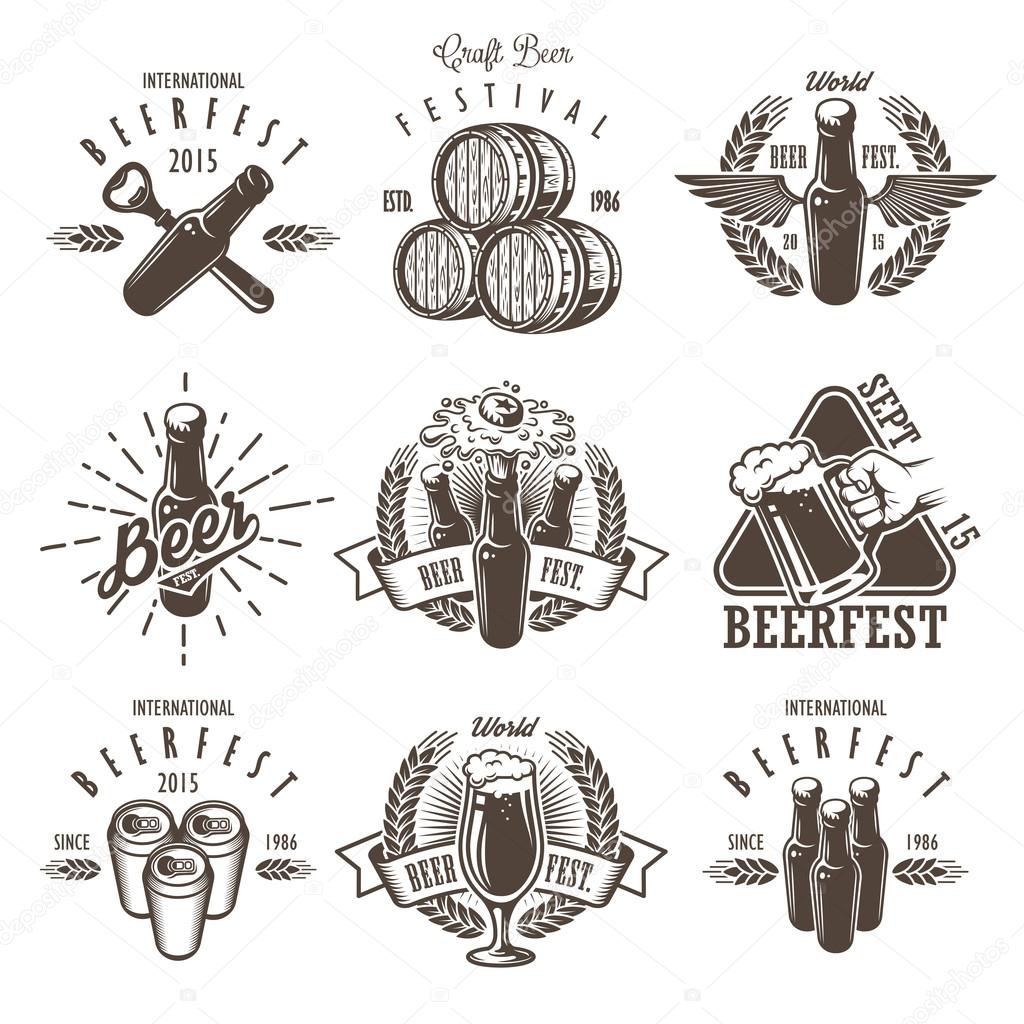 Set of vintage beer festival emblems, labels, logos, badges and designed elements. Monochrome style. Isolated on white background