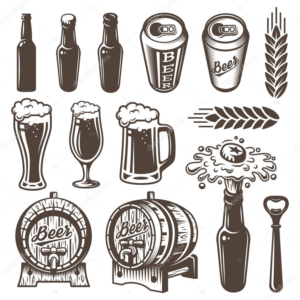 Set of vinyage beer and brewery elements. Monochrome style. Isolated on white background