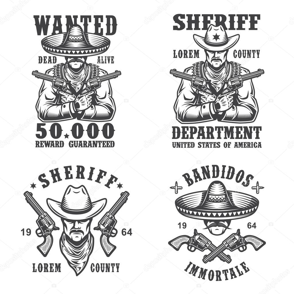 Set of sheriff and bandit emblems, labels, badges, logos and mascots. Monochrome style