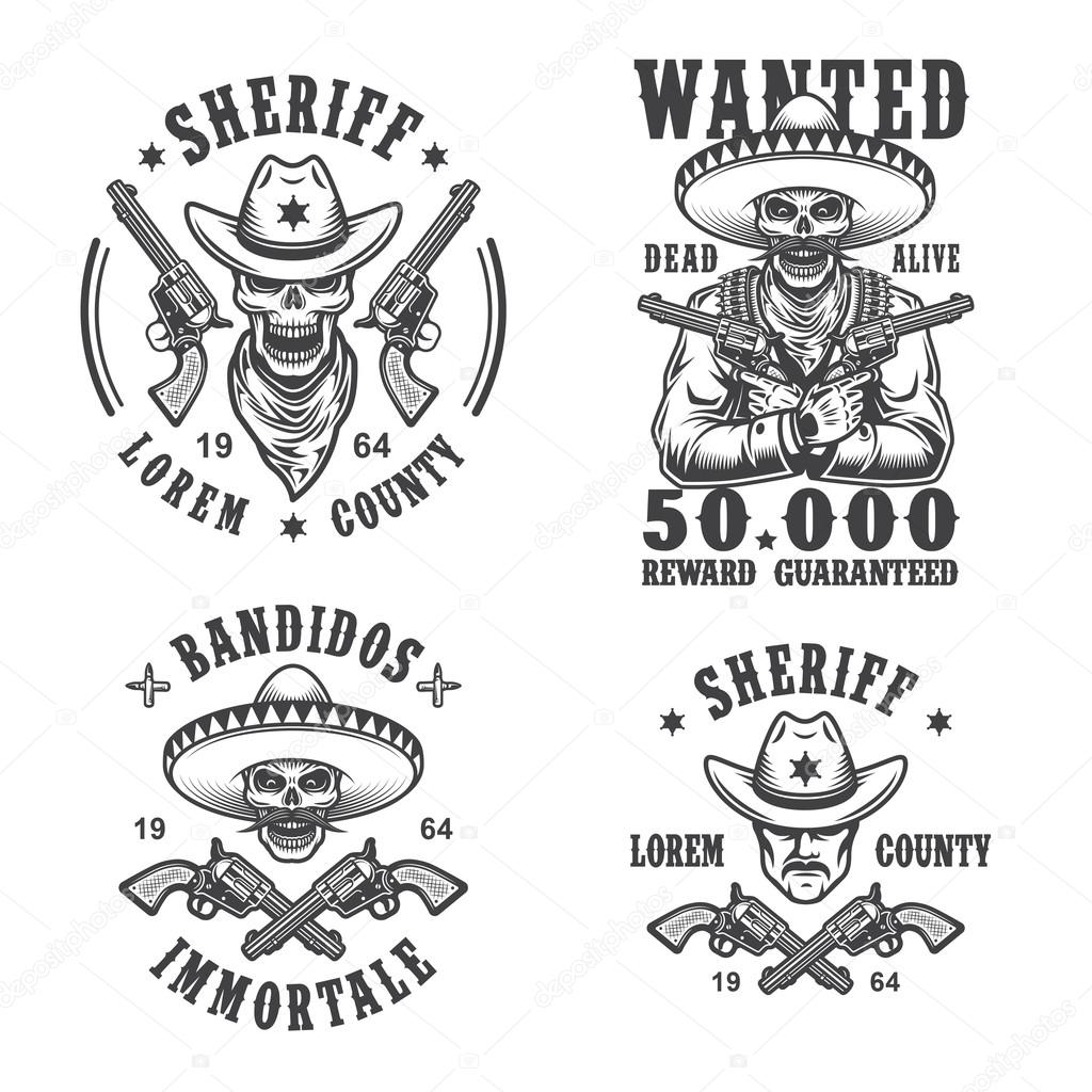 Set of sheriff and bandit emblems, labels, badges, logos and mascots. Monochrome style