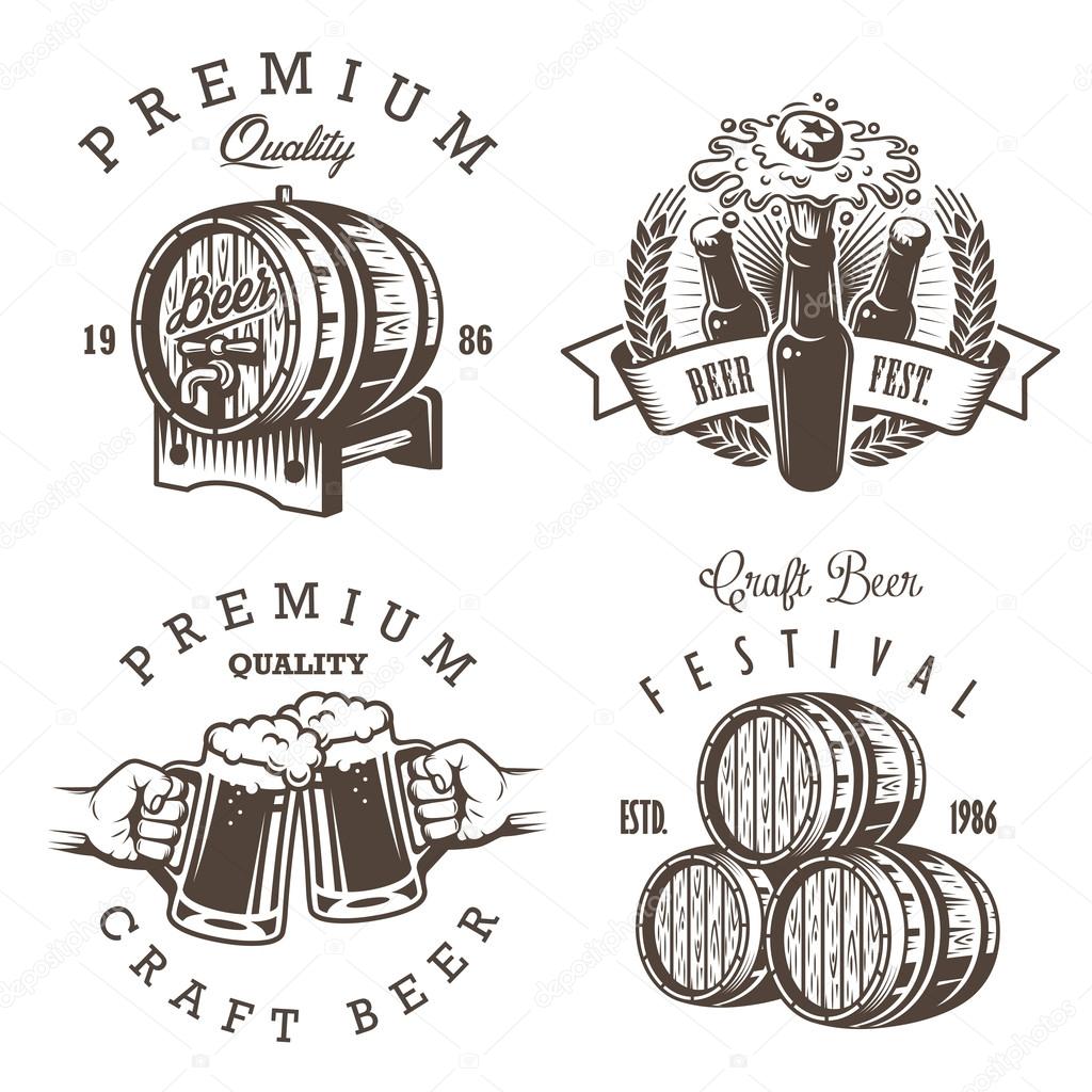 Set of vintage beer brewery emblems, labels, logos, badges and designed elements. Monochrome style. Isolated on white background