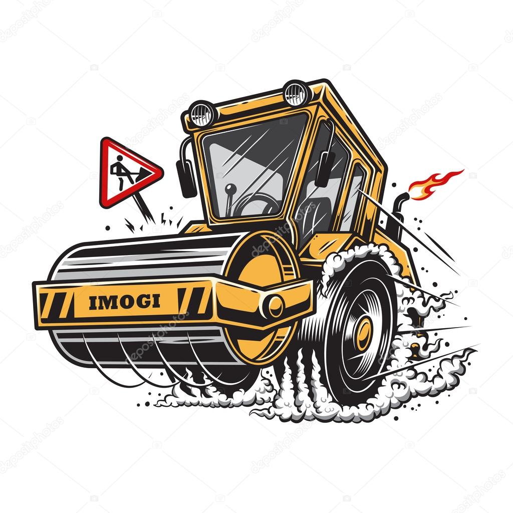 Vector illustration of steamroller with smoke under the wheels on white background