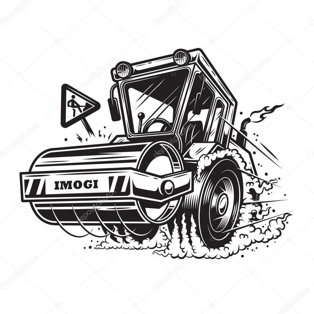 Vector illustration of steamroller with smoke under the wheels on white background. Monochrome style