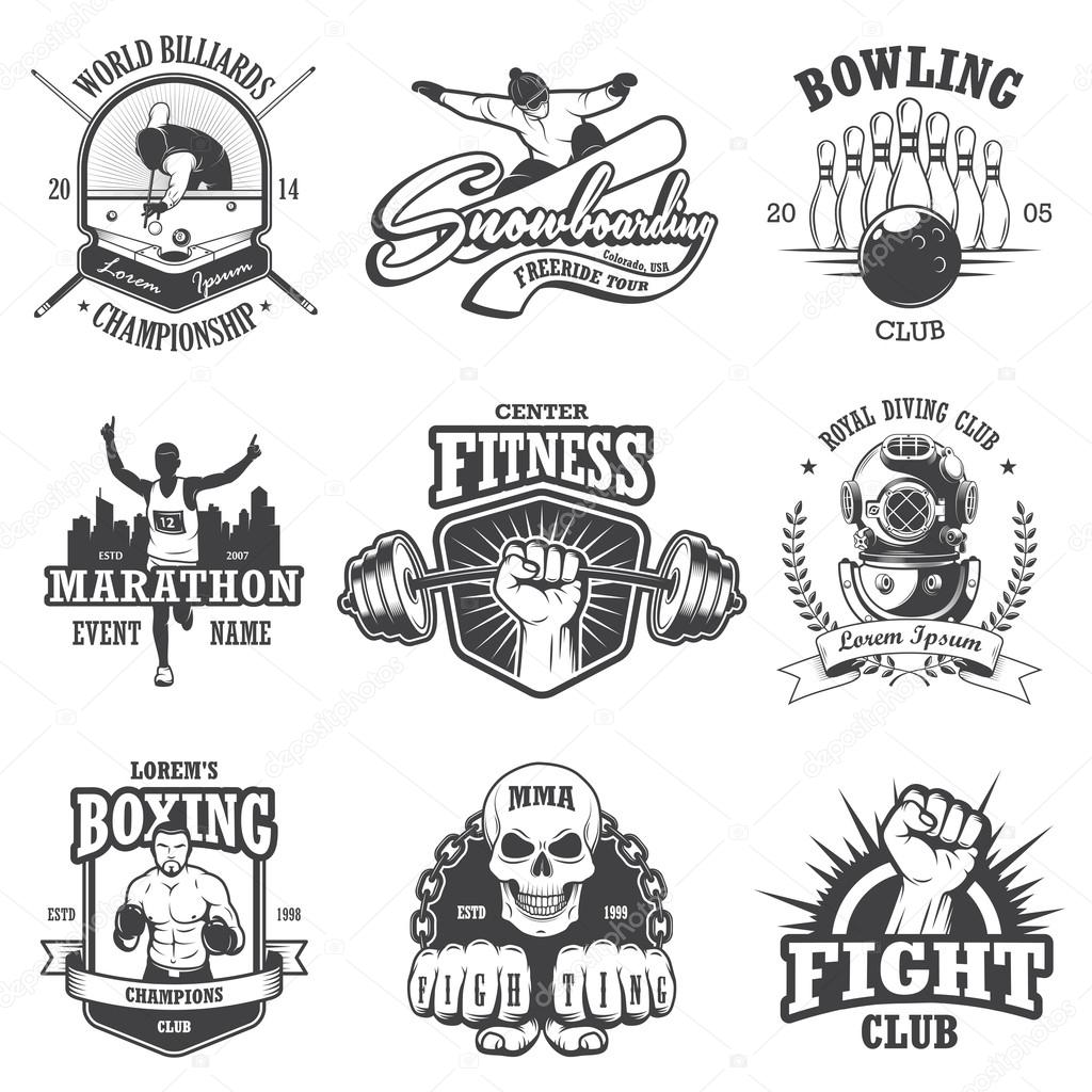 Set of vintage sports emblems, labels, badges and logos. Monochrome style