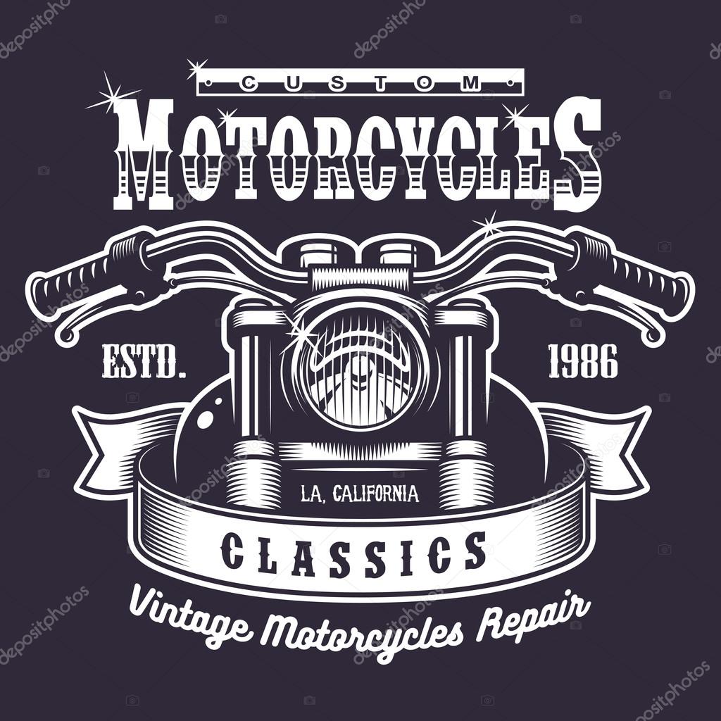Vintage motorcycle print. Monochrome on dark background