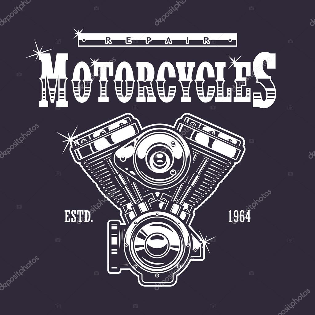 Vintage motorcycle print. Monochrome on dark background