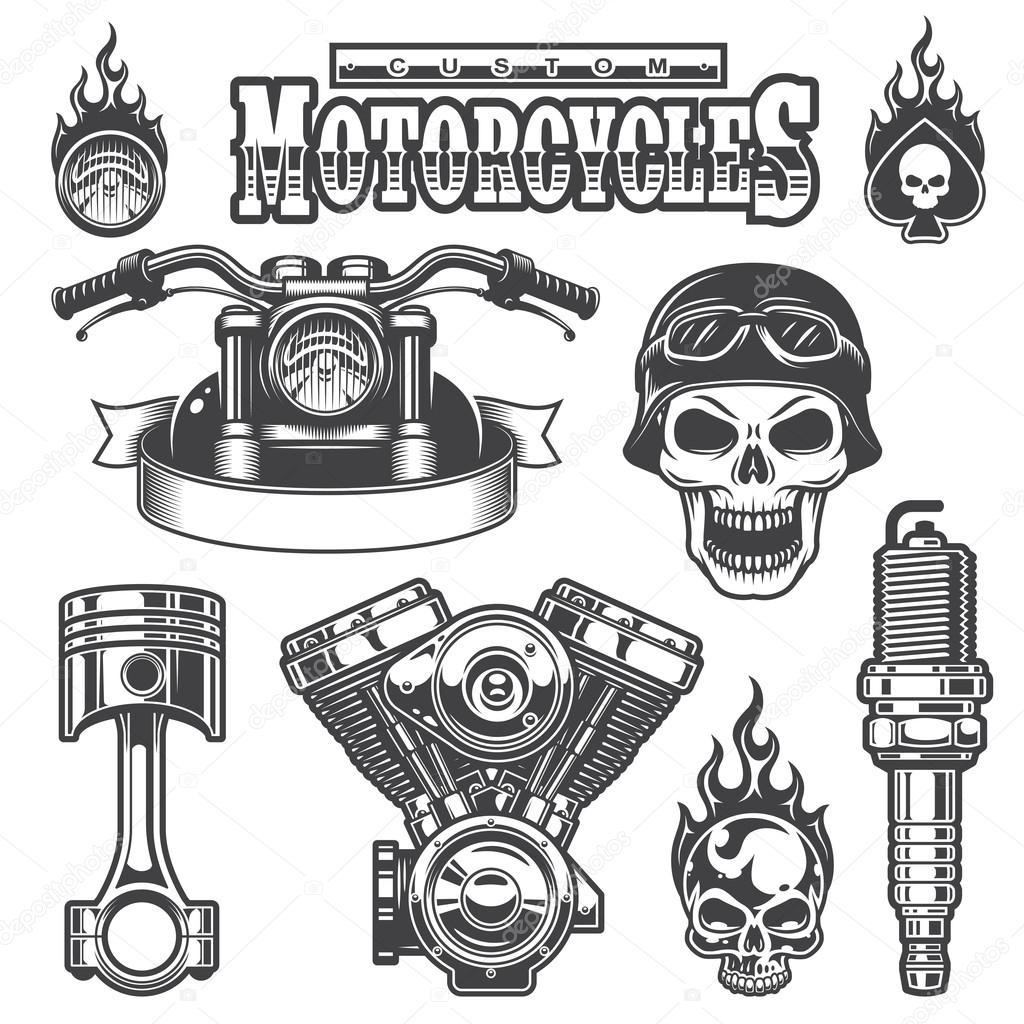 Set of vintage monochrome motorcycle elements