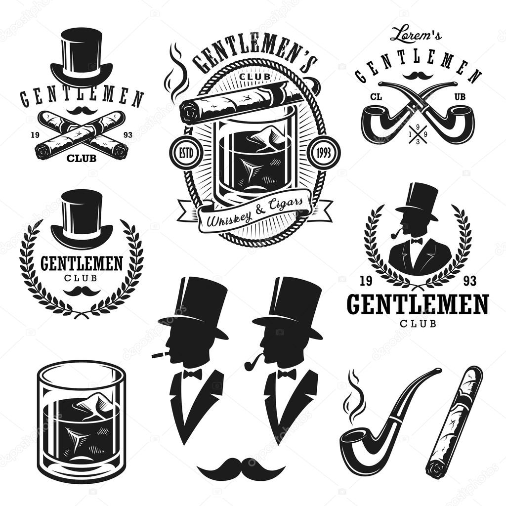 Set of vintage gentlemen emblems, labels, badges and designed elements. Monochrome style