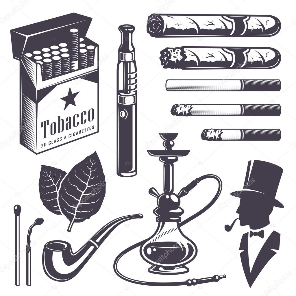 Set of vintage smoking tobacco elements. Monochrome style. Isolated on white background