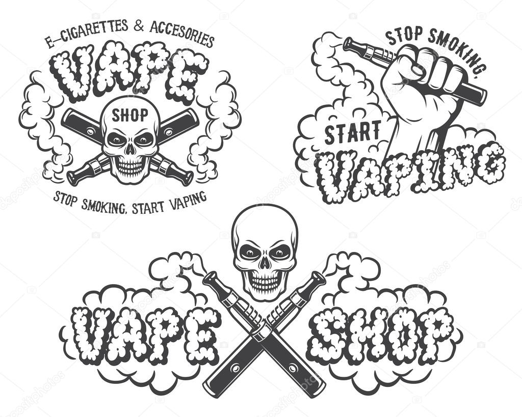 Set of vape, e-cigarette emblems, labels, prints and logos, Monochrome style, Isolated on white background