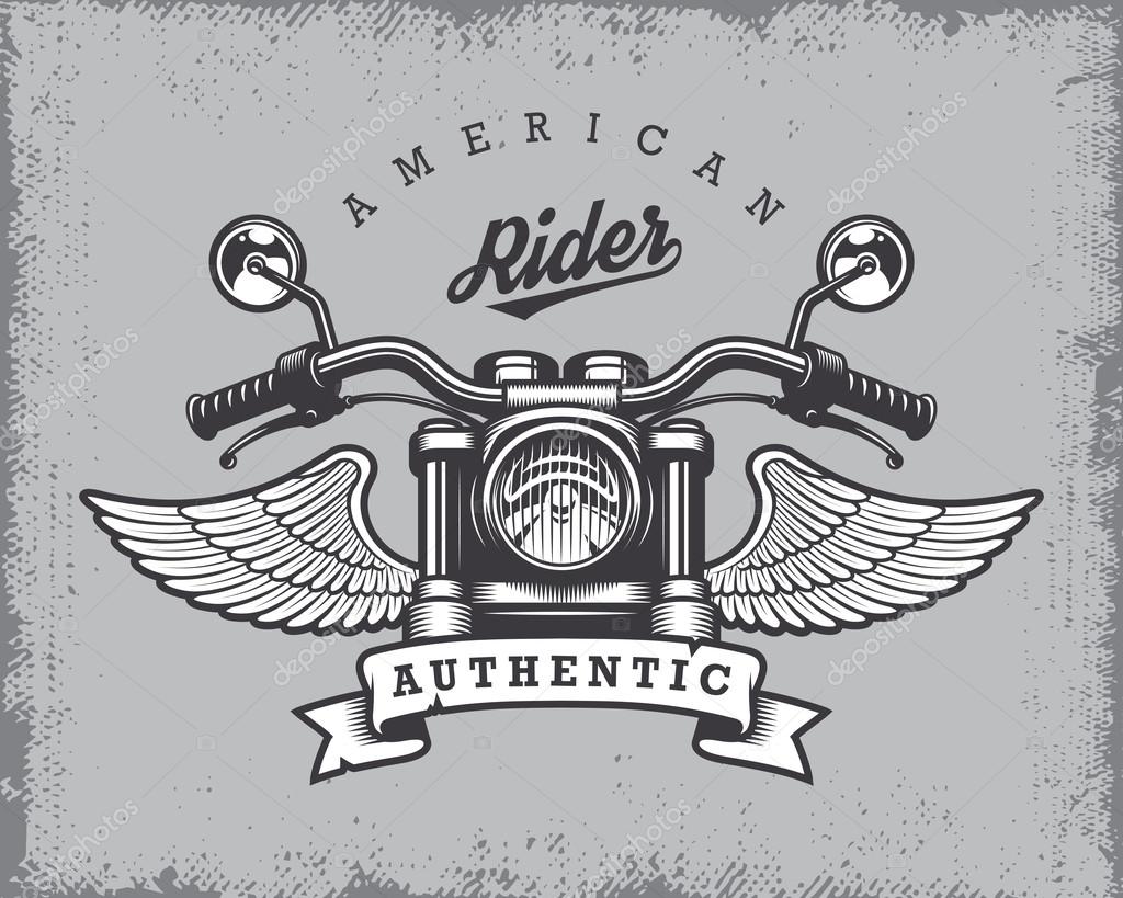 Vintage motorcycle print with motorcycle, wings and ribbon on grange background