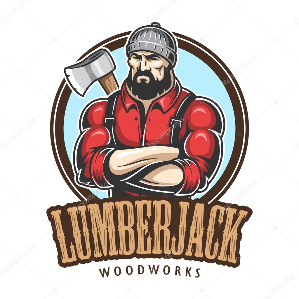 Vector illustration of lumberjack emblem, label, badge, logo with text. Isolated on white background
