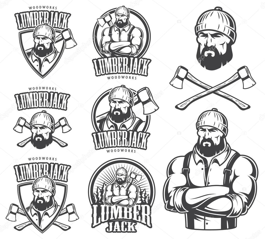 Vector illustration of lumberjack emblem, label, badge, logo and designed elements. Isolated on white background