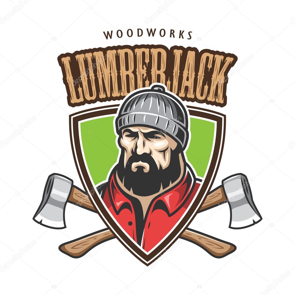 Vector illustration of lumberjack emblem, label, badge, logo with text. Isolated on white background