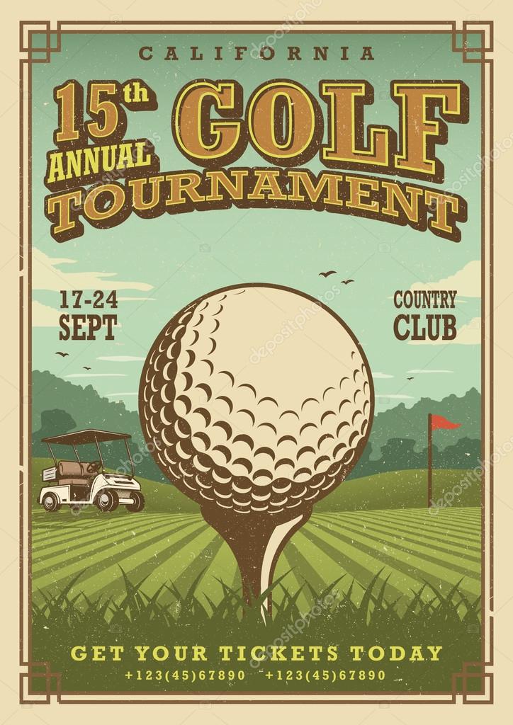 Vintage golf poster with a golf ball, golf car and flag on the golf lawn with text. Tournament theme