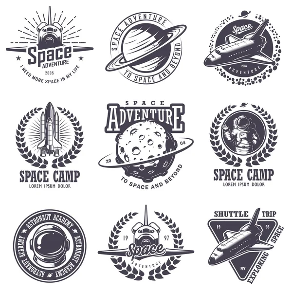 Conjunto de emblemas espaciais e astronautas vintage —  Vetores de Stock