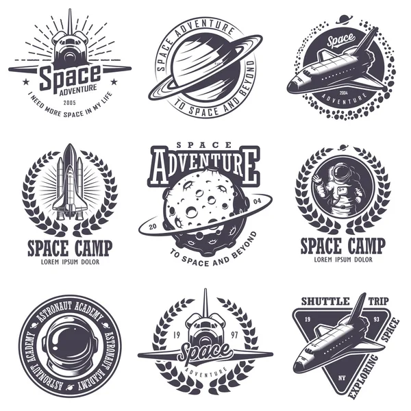 Conjunto de emblemas espaciais e astronautas vintage — Vetor de Stock