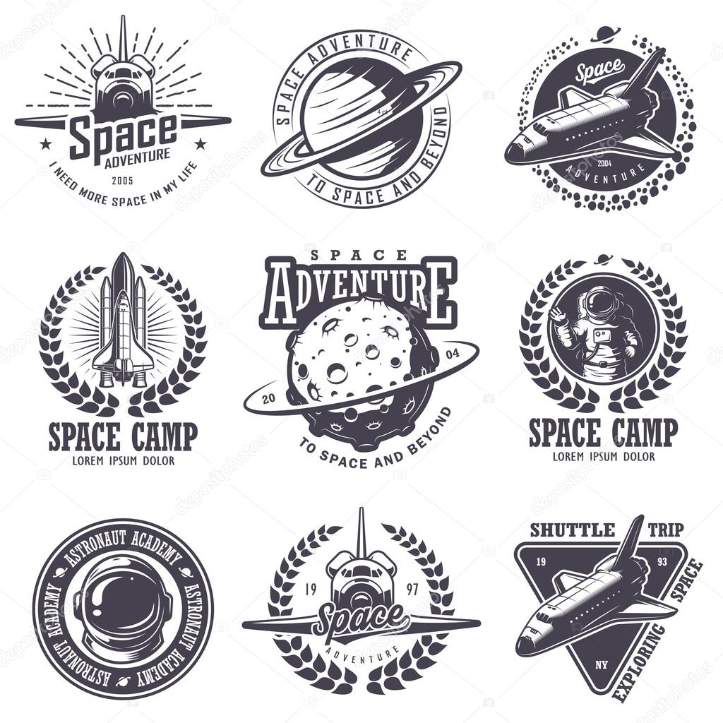Set of vintage space and astronaut badges, emblems, logos and labels. Monochrome style