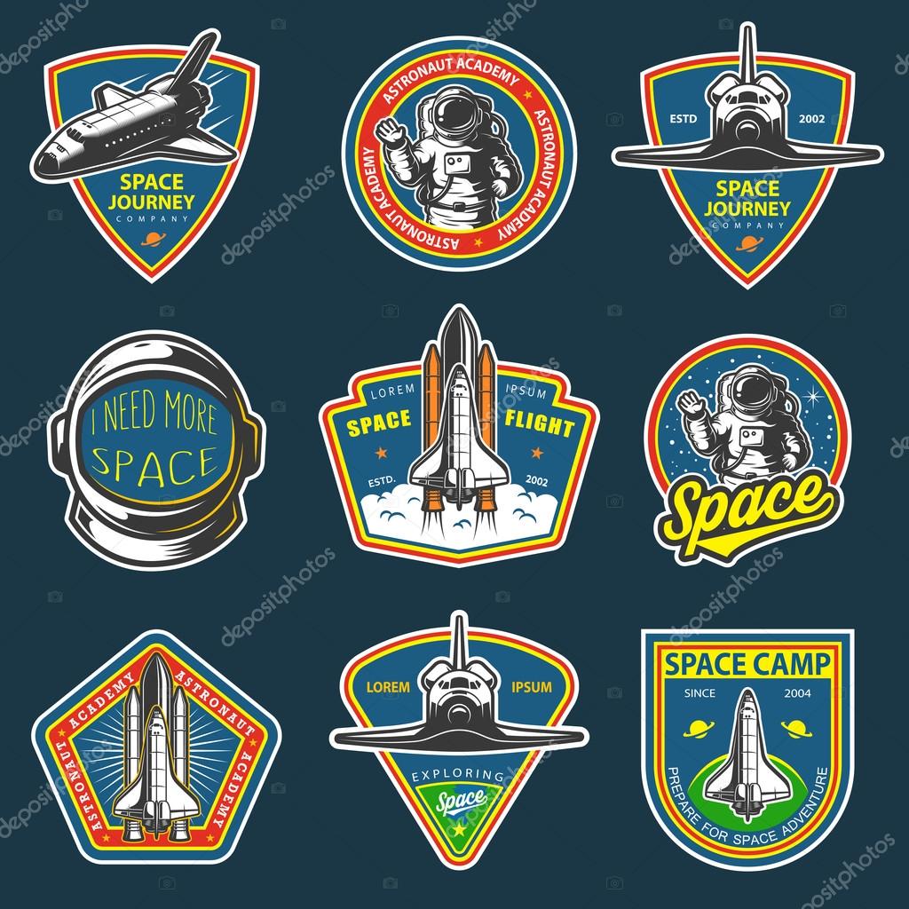 Set of vintage space and astronaut badges, emblems, logos and labels. Colored on dark background