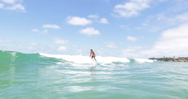 Slow Motion Girl Surfing Wave Longboard — Stock Video