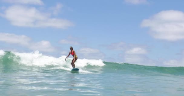 Slow Motion Girl Surfing Wave Longboard — Vídeo de stock
