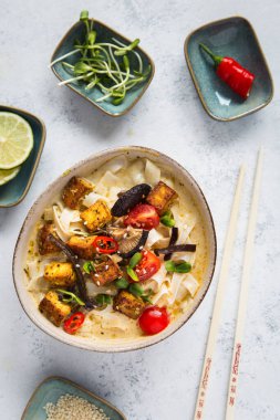 Sebzeli Tayland baharatlı çorba, tofu, hindistan cevizi sütü, limon yaprağı, kırmızı biber ve galangal kökü tozu. Vejetaryen, sağlıklı yemek, glütensiz. Beyaz arkaplan, üst görünüm.