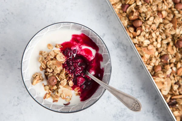 Ev yapımı granola ve şuruplu meyveli soya yoğurdu. Sağlıklı bir vejetaryen atıştırması.