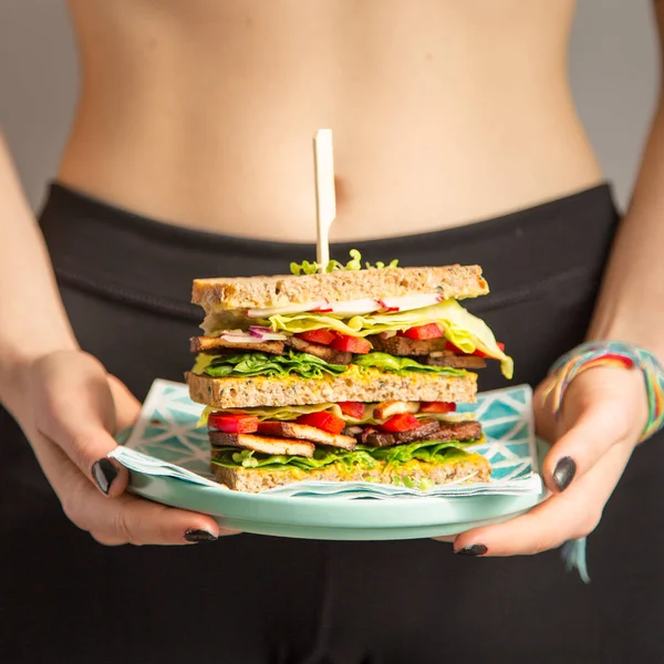 Hands Slender Young Girl Holding Healthy Sandwich Workout Whole Grain — Stock Photo, Image