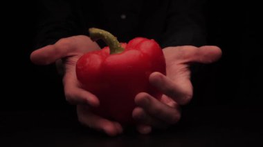 Erkekler koyu bir arka planda taze kırmızı dolmalık biber tutmayı teklif ediyor.