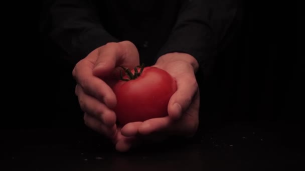 Mens hands offer to hold a fresh red tomato on a dark background — Stock Video