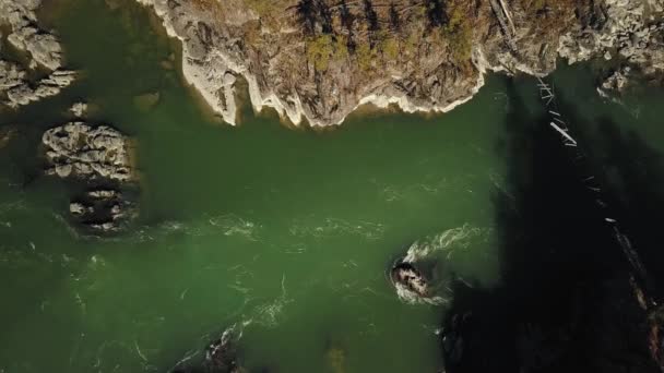 Dağ yeşil nehri Katun 'un güçlü akışının havadan görünüşü. Chemal Köyü, Altai Cumhuriyeti, Rusya — Stok video