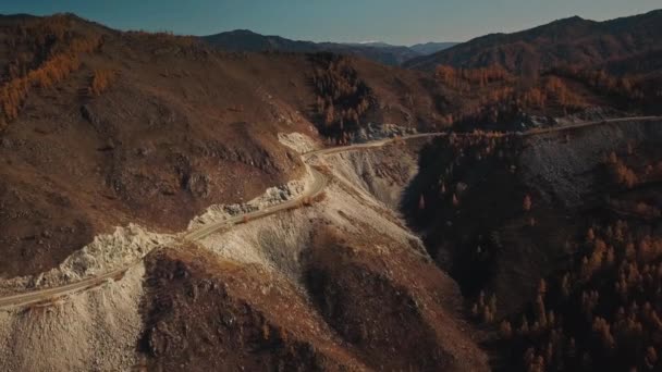 Veduta aerea della strada serpentina in alta quota. Bellissimo autunno dorato paesaggio selvaggio: tortuosa strada difficile, foresta, alberi con foglie gialle e rosse, grandi montagne, scogliere ripide — Video Stock