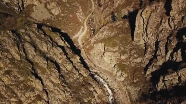 Vue aérienne de la gorge de montagne. Paysage automnal de la nature sauvage du territoire de l'Altaï : une énorme montagne avec des arbres, un sentier de randonnée entre deux rochers, un petit ruisseau de montagne. République d'Altaï — Video