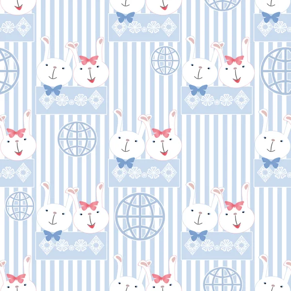 Seamless cartoon rabbit pattern striped background