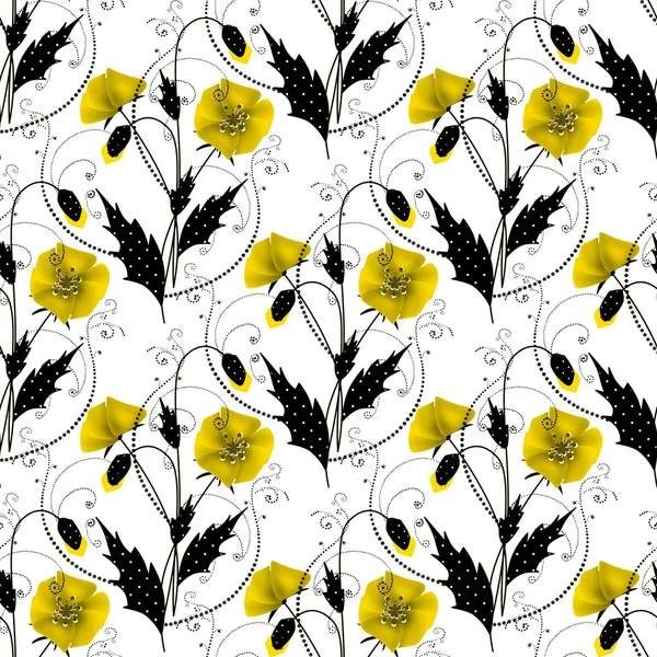Seamless floral pattern with yellow poppies on white background