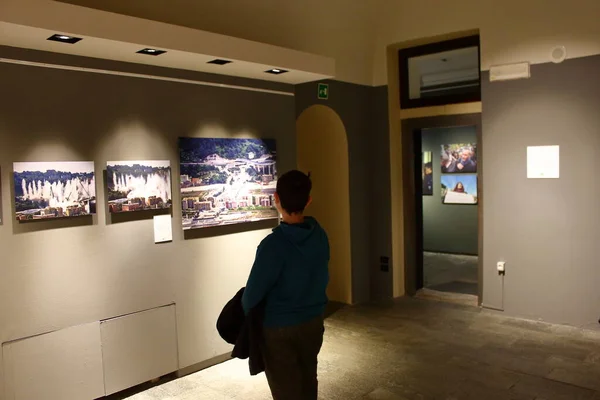 Bard, Italy - March 2020: a boy visits the naturalist photographer of the year exhibition — Stock Photo, Image