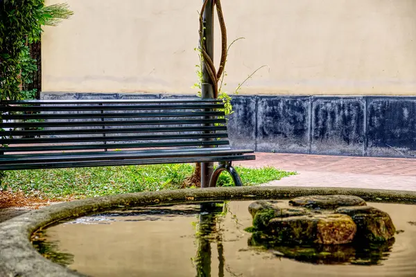 Скамейка в общественном парке перед прудом с золотыми рыбками — стоковое фото