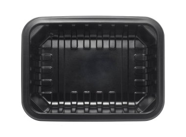 Siyah plastik yemek tepsisi beyaz arka planda izole edilmiş. en üstteki görünüm.