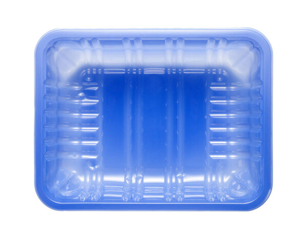 Blue plastic food tray isolated on white background. top view.