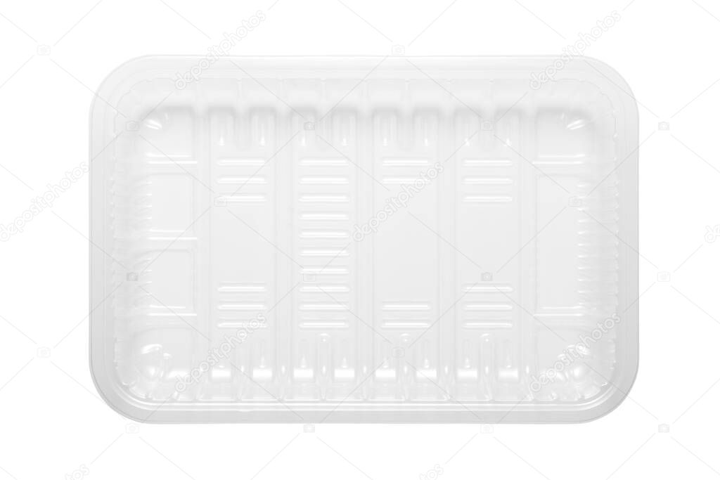 Transparent plastic food tray isolated on white background. top view.